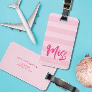 Étiquette À Bagage Personnaliser avec le nom Miss Preppy Pink Stripes