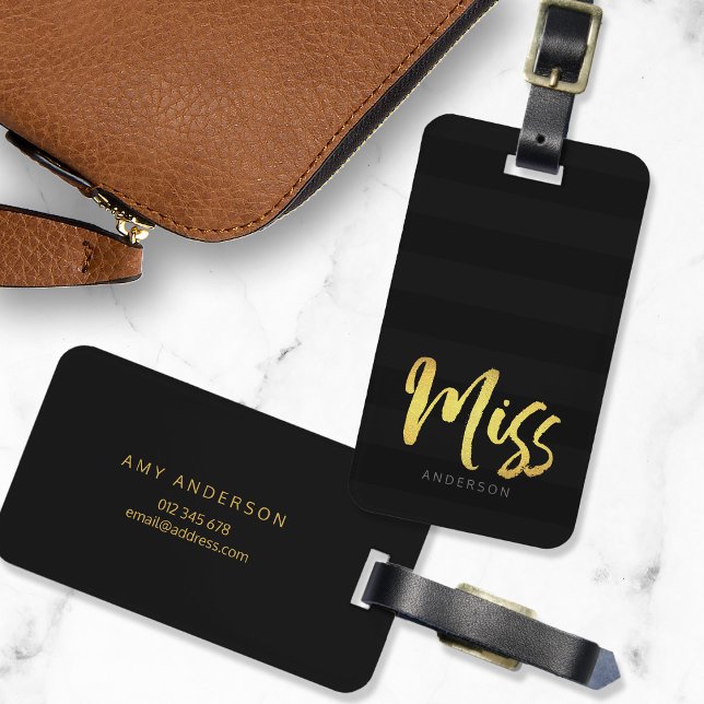 Étiquette À Bagage Personnalisez avec le nom Faux Gold Miss Black Str (Créateur téléchargé)