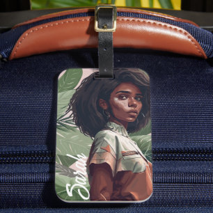 Étiquette À Bagage Petite fille noire afro minimaliste aux feuilles t