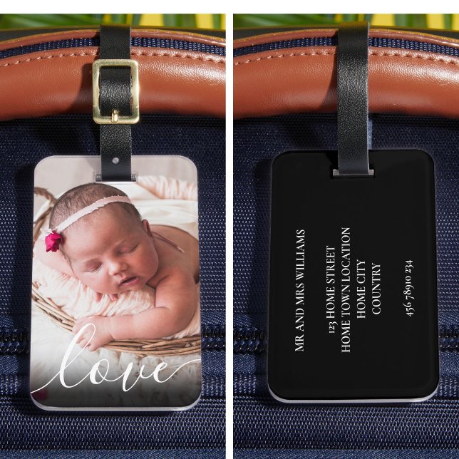 Étiquette À Bagage Photo d'amour de bébé à écriture simple moderne (Modern Simple Script Love Baby Photo Luggage Tag)
