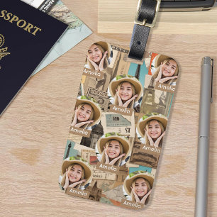 Étiquette À Bagage Photo et nom personnalisés du Motif voyageur vinta