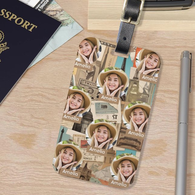 Étiquette À Bagage Photo et nom personnalisés du Motif voyageur vinta (Créateur téléchargé)