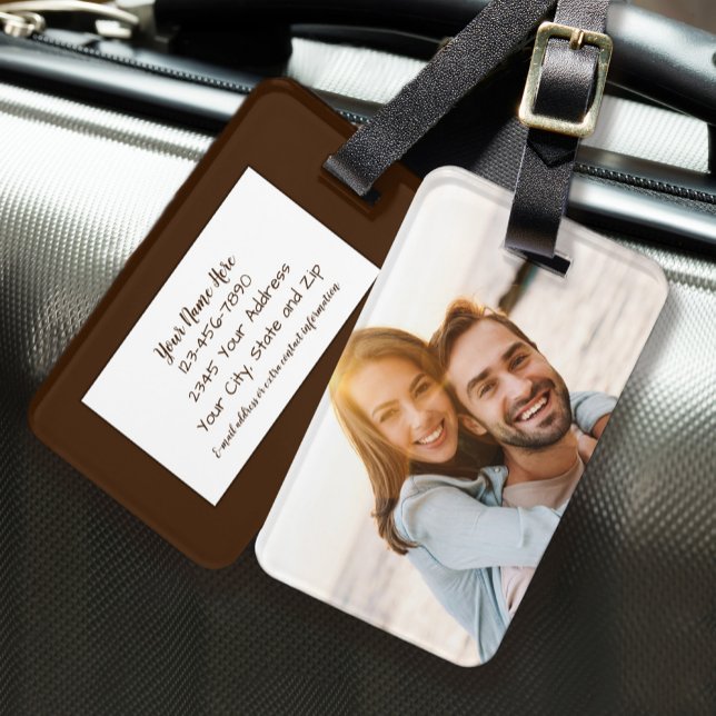Étiquette À Bagage Photo personnalisée Identification Brown (Custom Photo Personalized Identification Brown Luggage Tag)