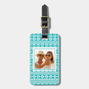 Étiquette À Bagage Photo personnalisée Turquoise Motif tribal Grunge