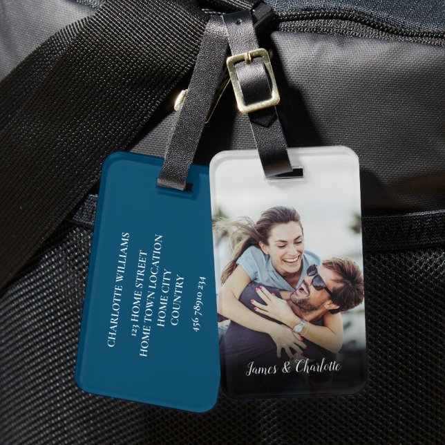 Étiquette À Bagage Photo simple et moderne en couple (Modern Simple Personalized Couple Photo Luggage Tag)