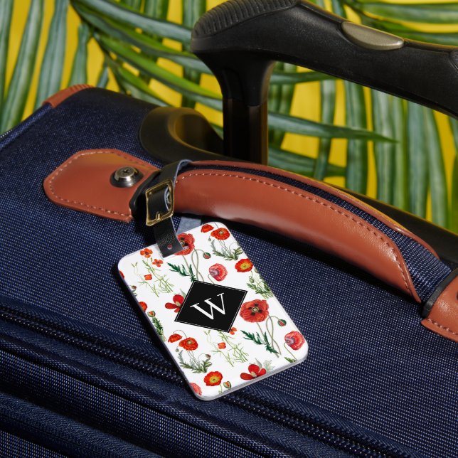 Étiquette À Bagage Photos d'Aquarelle Rouge Floral Monogramme (Insitu Rectoal 1)