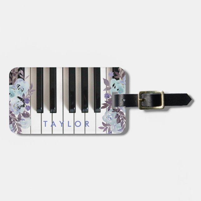 Étiquette À Bagage piano floral bleu (Devant horizontal)