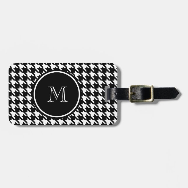 Étiquette À Bagage Pied-de-poule noir et blanc votre monogramme (Devant horizontal)