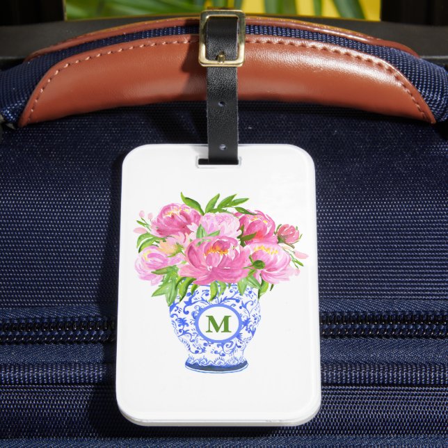 Étiquette À Bagage Pies roses Chinoiserie Vase Green Monogramme (Insitu Rectoal 2)