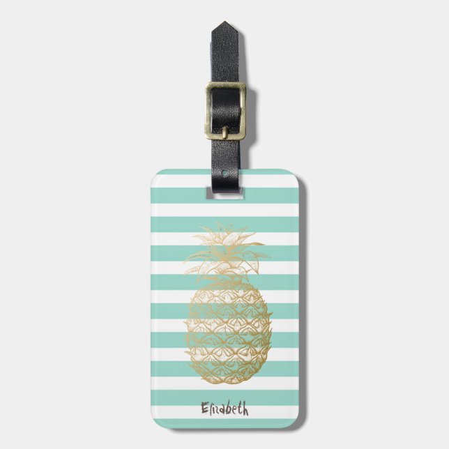 Étiquette À Bagage Pinceau d'ananas d'or de fille Blancs (Devant Vertical)