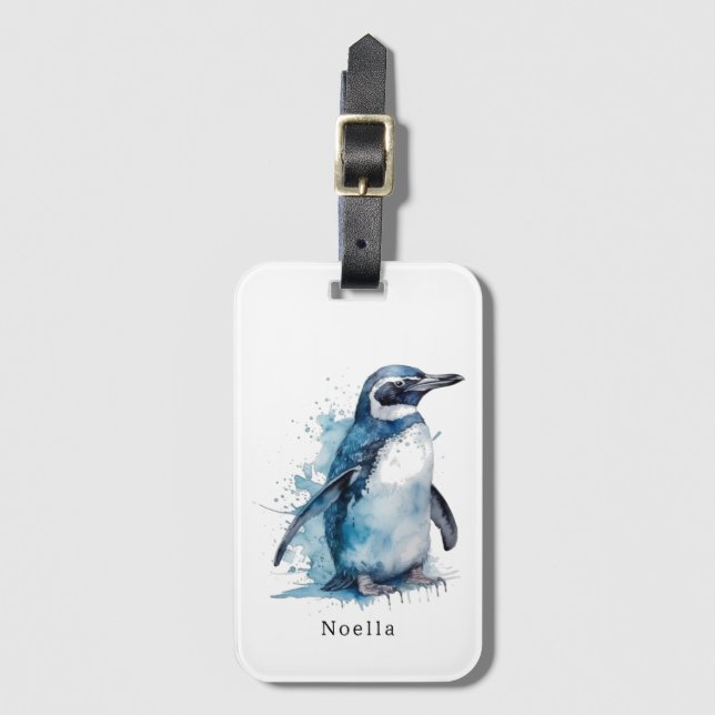 Étiquette À Bagage Pingouin d'aquarelle Arctique, personnalisé (Devant Vertical)