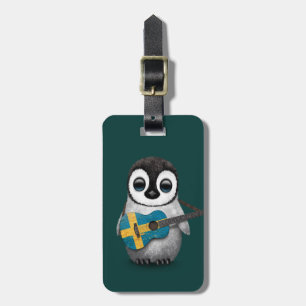 Étiquette À Bagage Pingouin de bébé jouant la guitare suédoise Teal