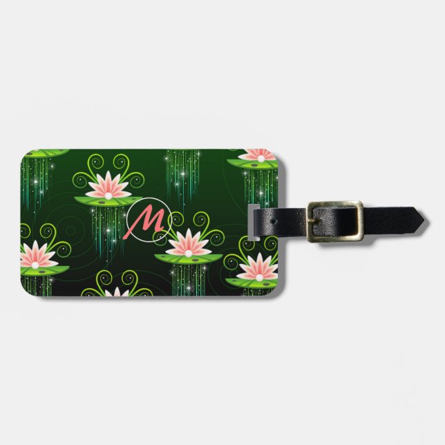 Étiquette À Bagage Pink Lotus Flower Green BG Personnaliser les bagag (Devant horizontal)