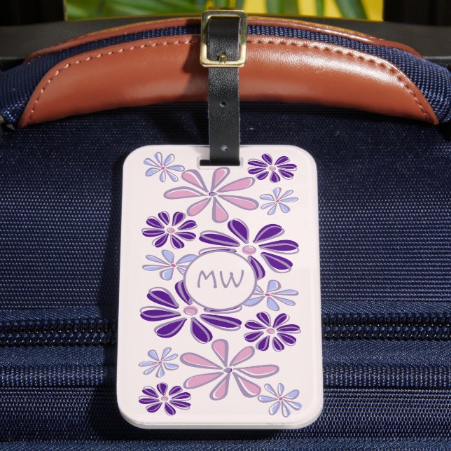 Étiquette À Bagage Pink Periwinkle Indigo Doodle Fleur Vos Initiales (Insitu Rectoal 2)
