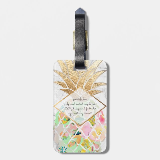 Étiquette À Bagage PixDezines Aloha Ananas+Marbre blanc (Dos Vertical)