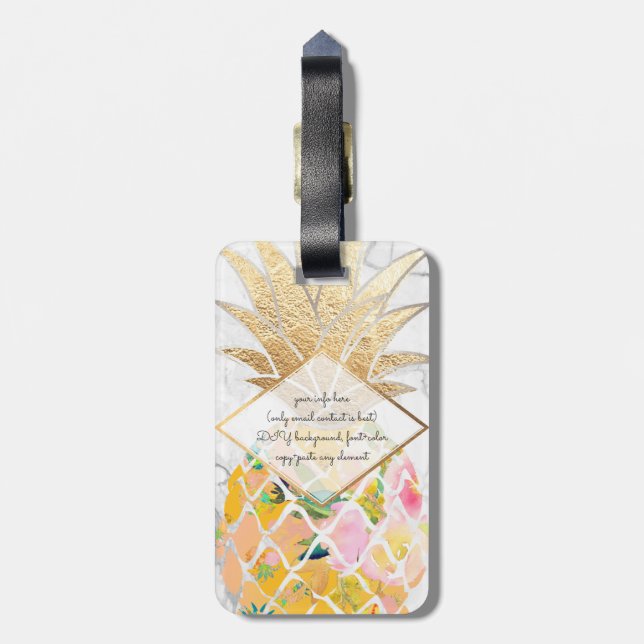 Étiquette À Bagage PixDezines Aloha Ananas+Marbre blanc (Dos Vertical)