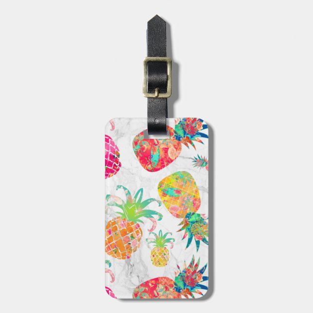 Étiquette À Bagage PixDezines Aloha Ananas+Marbre blanc (Devant Vertical)