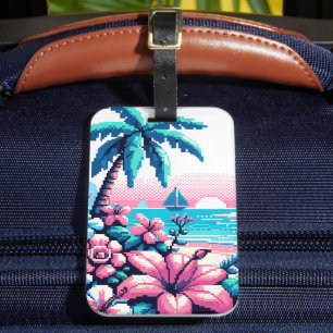 Étiquette À Bagage Pixel Art Ocean Art rose et bleu Tropical Art