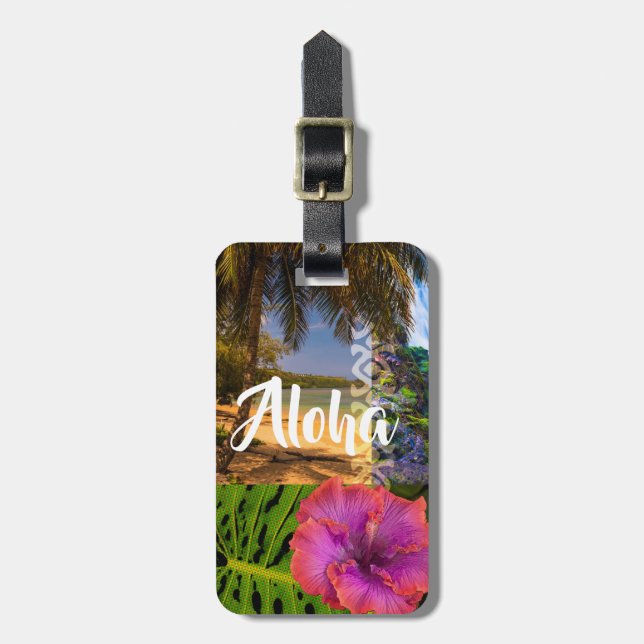 Étiquette À Bagage Plage d'Anini, collage hawaïen de Kauai - Aloha (Devant Vertical)