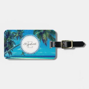 Étiquette À Bagage Plage de sable avec palmiers tropicaux Monogramme