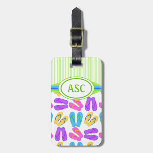 Étiquette À Bagage Plage de tongs couleur Monogramme vert