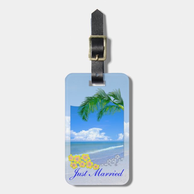 Étiquette À Bagage Plage Et Mariage Du Ciel Bleu Juste Marié (Devant Vertical)