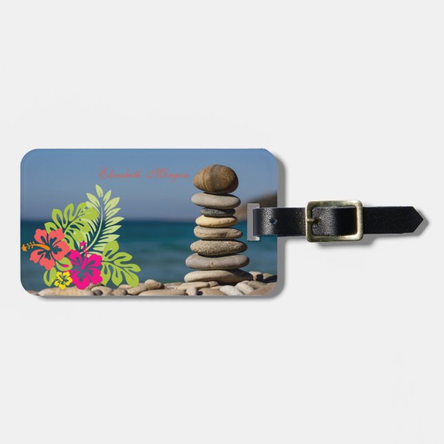 Étiquette À Bagage , Plage, Pierres Zen, Hibiskus hawaïen (Devant horizontal)