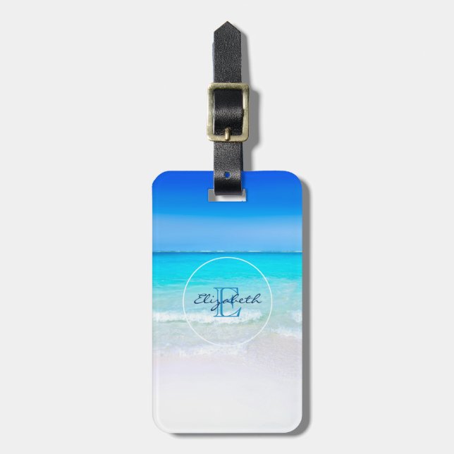 Étiquette À Bagage Plage tropicale avec un Monogramme de mer turquois (Devant Vertical)