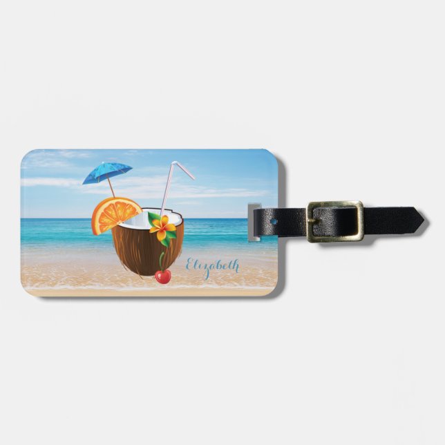 Étiquette À Bagage Plage tropicale, Ciel Bleu, Sable Océan, Cocktail  (Devant horizontal)