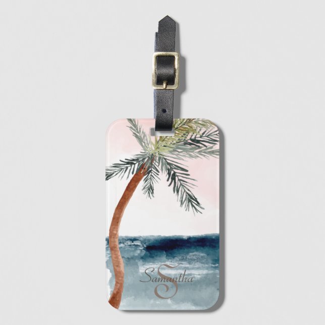 Étiquette À Bagage Plage tropicale Palm-Monogramme (Devant Vertical)