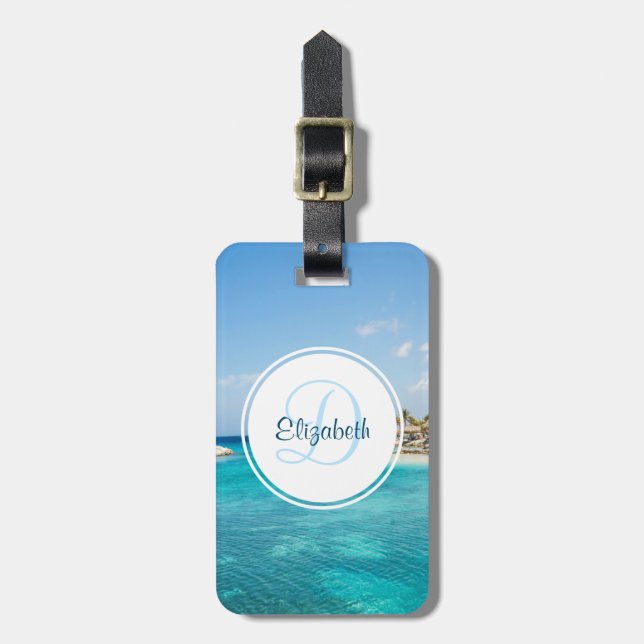 Étiquette À Bagage Plage tropicale pittoresque avec huttes de chaume  (Devant Vertical)