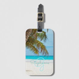 Étiquette À Bagage Plage tropicale Turquoise Monogram Palm Tree