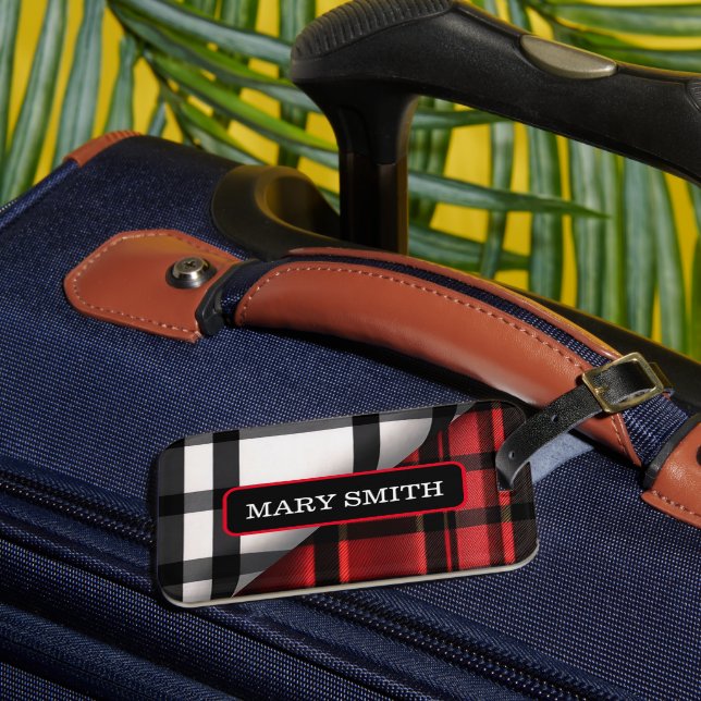Étiquette À Bagage Plaid Moderne Abstraite Rouge Noir Plaid Collectio (Insitu Rectoal 3)