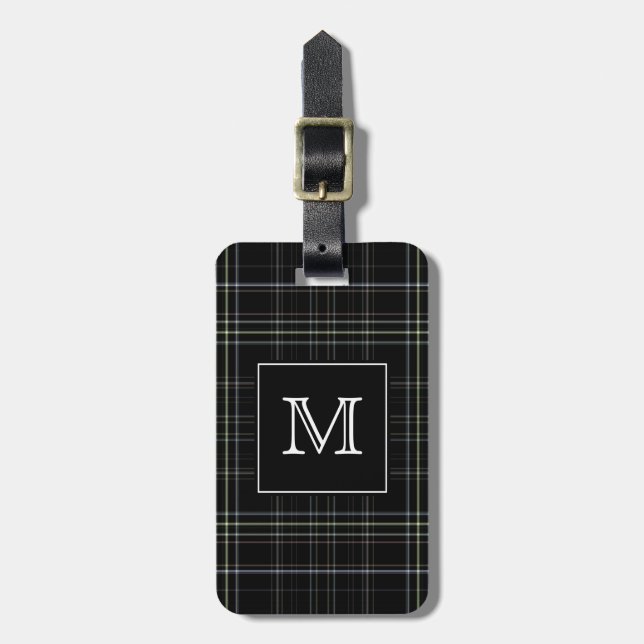 Étiquette À Bagage Plaid noir de monogramme (Devant Vertical)