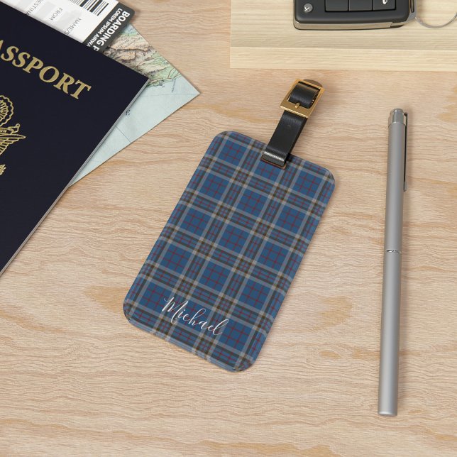 Étiquette À Bagage Plaid Thompson Clan Blue Grey Check Tartan personn (Plaid Clan Thompson Script Tartan Luggage Tag)