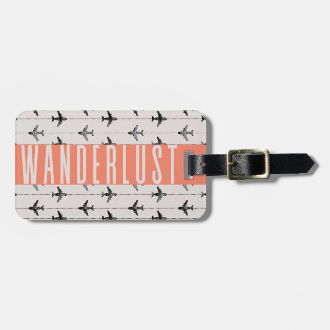 Étiquette À Bagage Plane Wanderlust mignonne Voyage rose gris (Devant horizontal)