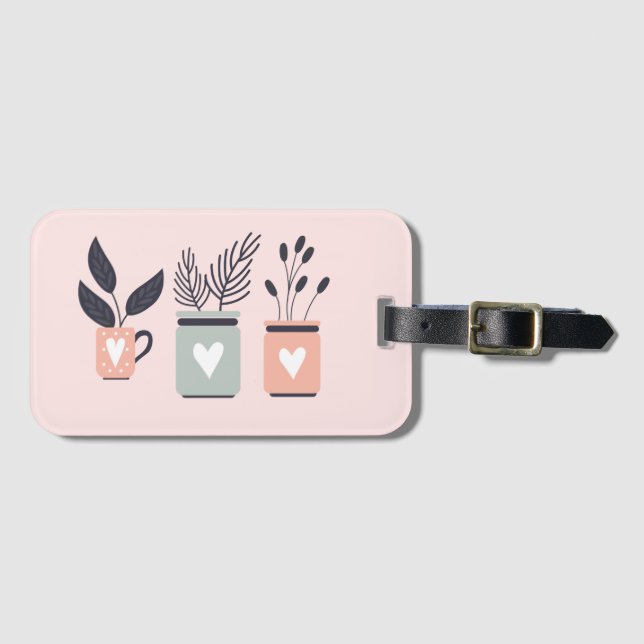 Étiquette À Bagage Plantes de pot moderne rose et gris pastel (Devant Horizontal)