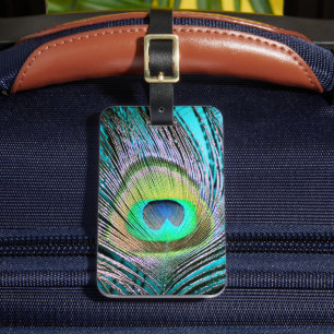 Étiquette À Bagage Plume de paon sur Turquoise