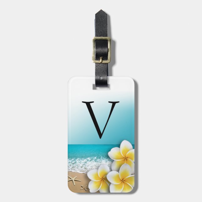 Étiquette À Bagage Plumeria Frangipani Fleur Tropical Beach Monogramm (Devant Vertical)