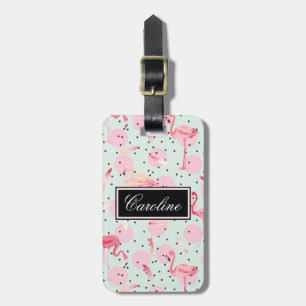 Étiquette À Bagage Plumes de Flamant rose sur le pois