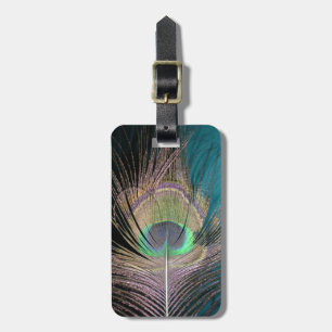 Étiquette À Bagage Plumes de paon sur fond noir et turquoise