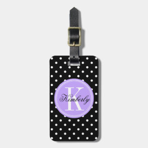 Étiquette À Bagage Point de polka noir avec le monogramme lilas