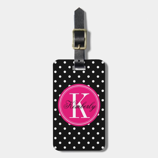 Étiquette À Bagage Point de polka noir avec le monogramme rose (Devant Vertical)
