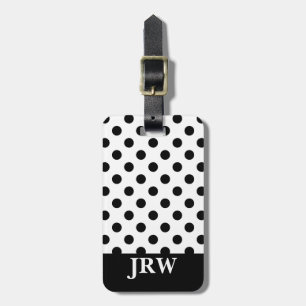 Étiquette À Bagage Point Polka noir et blanc monogramme personnalisé