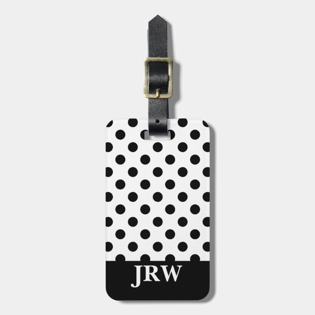 Étiquette À Bagage Point Polka noir et blanc monogramme personnalisé (Devant Vertical)