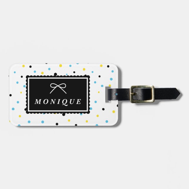 Étiquette À Bagage Points Confetti Jaune et Bleu Motif Personnalisé (Devant horizontal)