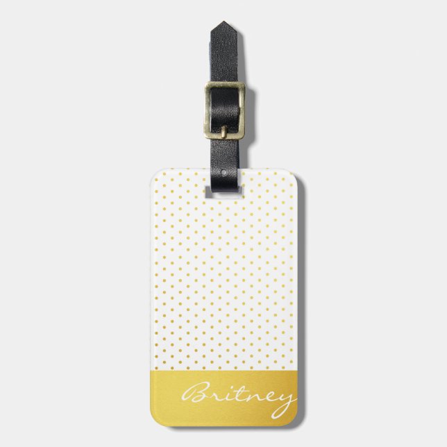 Étiquette À Bagage Pois d'or et monogramme - coutume (Devant Vertical)