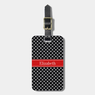 Étiquette À Bagage Pois noirs et blancs Nom rouge Monogramme