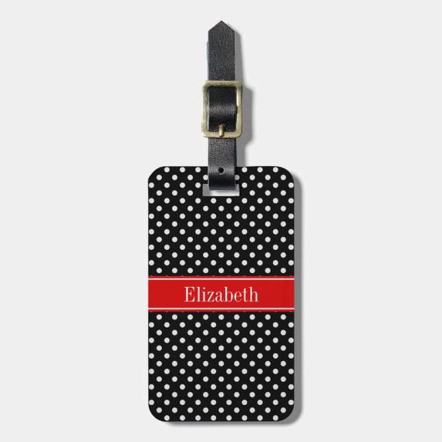 Étiquette À Bagage Pois noirs et blancs Nom rouge Monogramme (Devant Vertical)