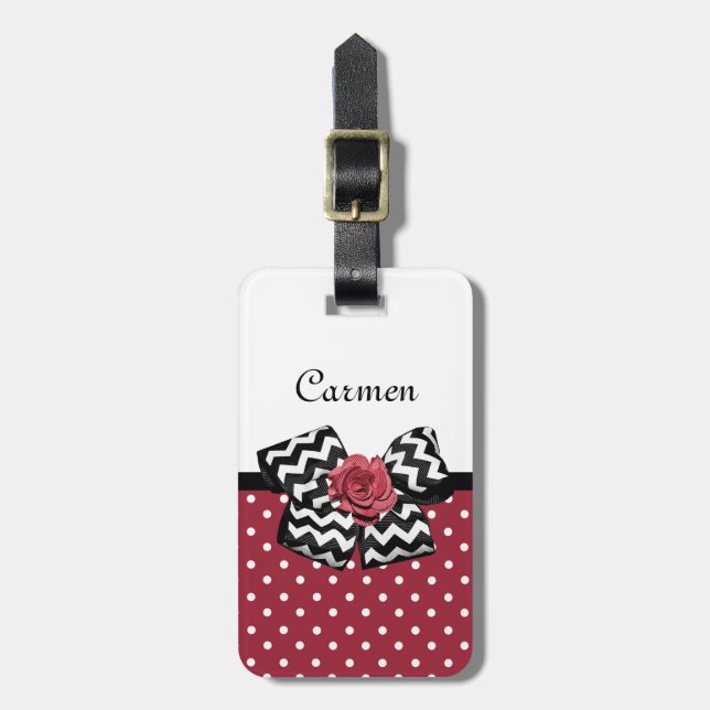 Étiquette À Bagage Pois rouge et blanc mignon Rose Chevron Bow (Devant Vertical)